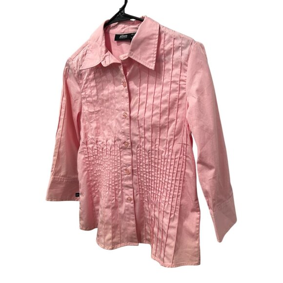 Allison Morgan Small Pintuck Pink Button-Up Pleated Blouse 3/4 Sleeve - Picture 3 of 7